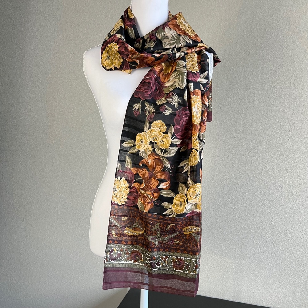 Vintage Floral Paisley Scarf Made in Italy Burgundy Mustard Black Sheer Wrap